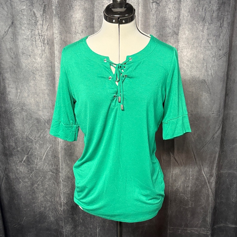 Liz Claiborne Teal Lace-Up Short Sleeve Top